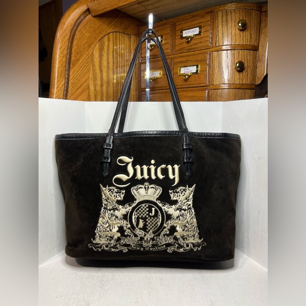 Vintage 2008 Juicy Couture Brown Velour/Leather Scottie Dog Shoulder Bag